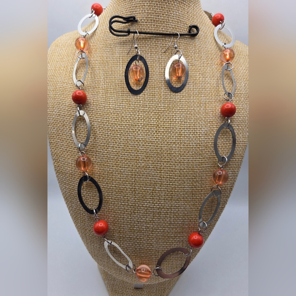 Silver Tone and Orange Necklace Set